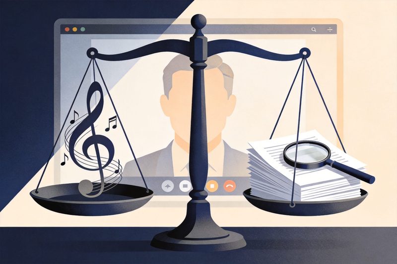 A flat editorial illustration: a balance scale with abstract musical notes on one side and a stack of blank expert reports with a magnifying glass on the other; in the background a video-call window with a faceless figure; navy and cream palette; no text, numbers, logos, brand names, flags or maps.