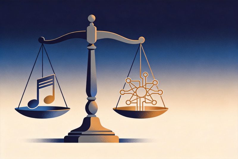 A flat editorial illustration: a balance scale with a sheet showing abstract wavy lines and music-note symbols (original lyrics) on one pan and an AI microchip emitting similar notes (AI-generated) on the other, with a small gavel nearby; neutral background; no text, letters, numbers, logos or maps.