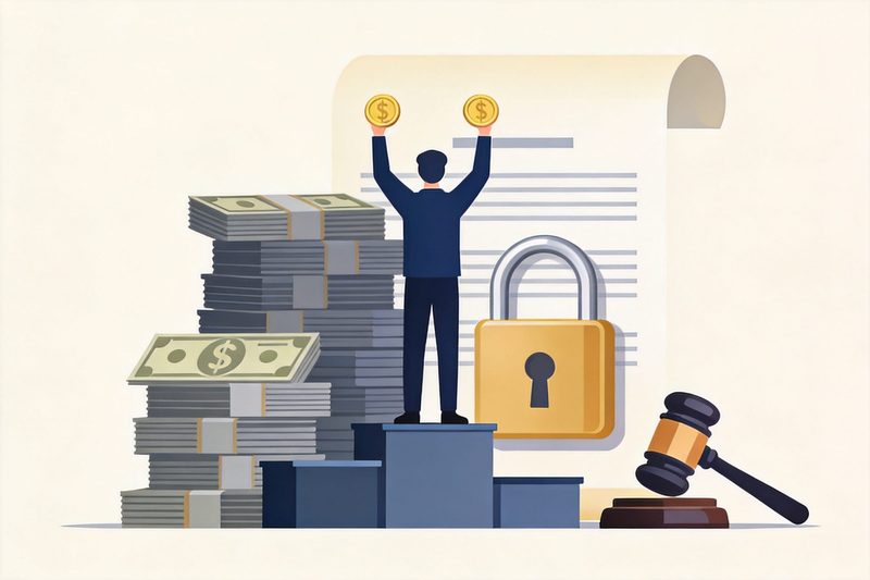 A victor on a winner's podium holding only two small coins, while a towering stack of money and a padlocked contract scroll loom behind and a gavel sits nearby, symbolising a nominal-damages win that nonetheless hinges on huge future licence fees in an architecture-licensing dispute