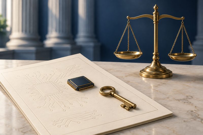 Patent licence document with a semiconductor chip, brass key and scales of justice