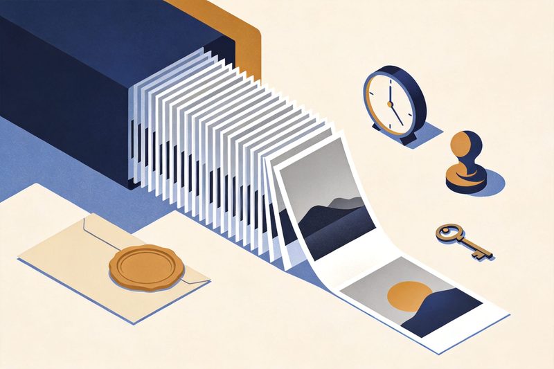 A flat editorial illustration: a stack of photographs feeding into a single folder and stamp symbolising registration, beside an abstract clock (deferral) and a small key (protection); muted palette, neutral background; no text, numbers, logos, brand names, flags or maps.