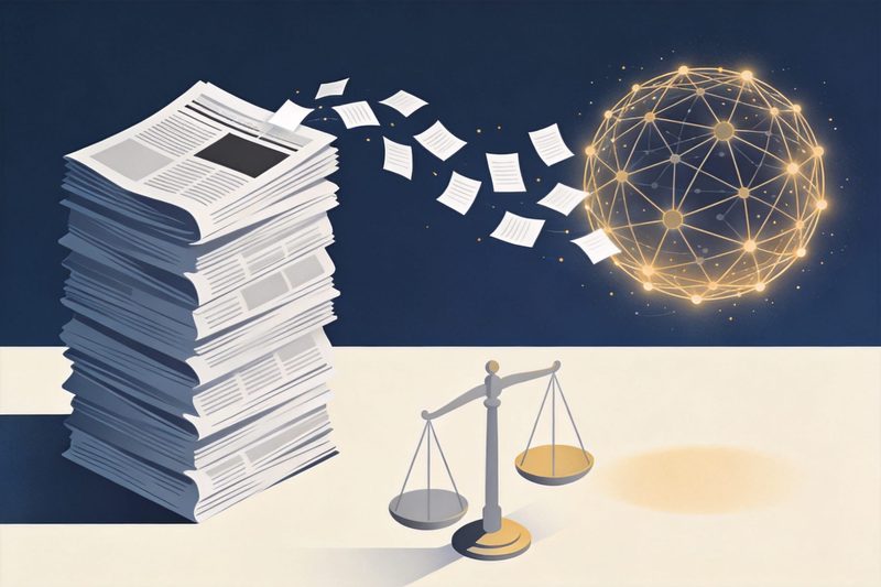 Una alta pila de periódicos cuyas páginas vuelan una a una hacia una esfera luminosa en forma de red a la derecha, con una balanza en primer plano, símbolo de la demanda por derechos de autor sobre noticias usadas para entrenar modelos de IA