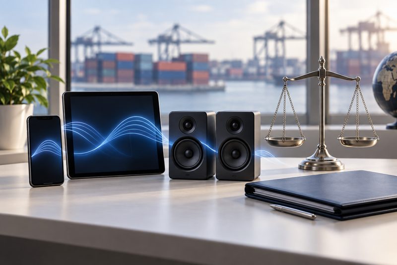 Conceptual audio patent investigation scene with a phone, tablet, speakers, document folder and balance scales