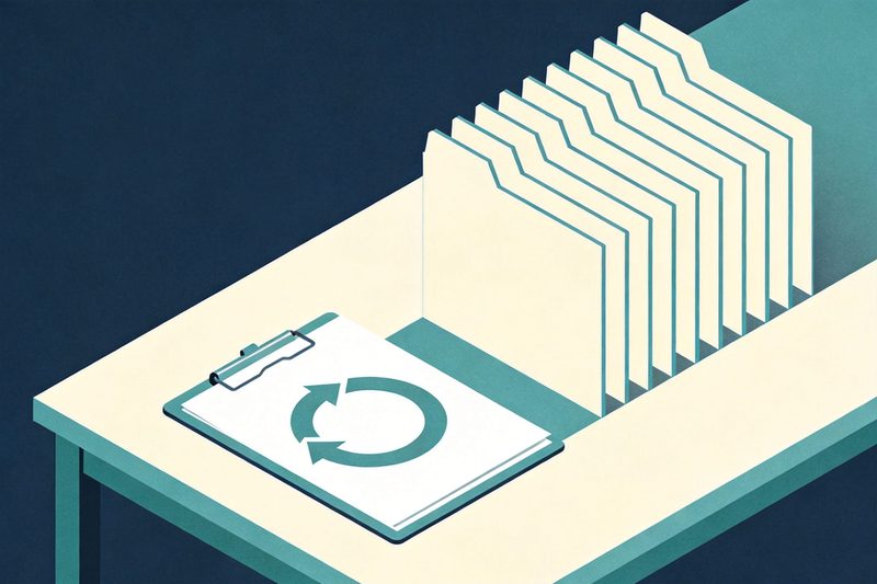 A clipboard on a desk whose sheet bears a circular cycle arrow, beside it a row of identical folders standing in sequence, symbolising rising requests for continued examination at the USPTO and a growing pending inventory