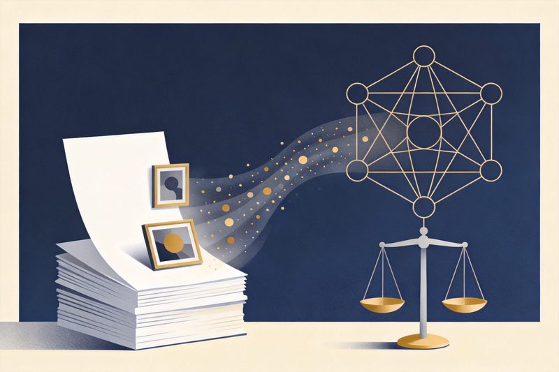 A flat editorial illustration: a stack of abstract pages and artworks turns into streams of data flowing into an abstract line-drawn model shape, beside a balance scale; muted palette, neutral background; no text, numbers, logos, brand names, flags or maps.