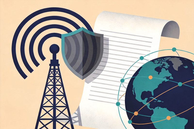 A broadcast signal tower emitting waves overlaid by a shield (signal protection), against a globe with connection nodes (an international treaty), beside a partly rolled, unsigned document (still a draft) — WIPO's draft Broadcasting Organizations Treaty on signal and online-transmission protection
