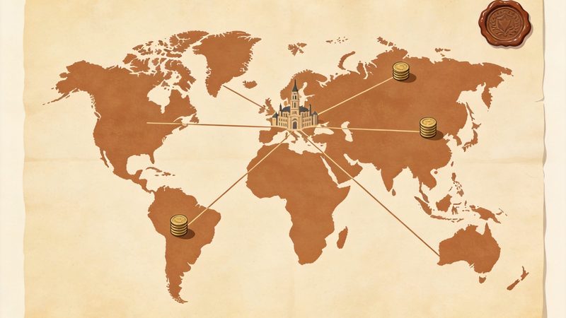 羊皮纸风格的世界地图，多条细线从中央的枢纽建筑通向三处放着硬币堆的地区，角落有一枚火漆印