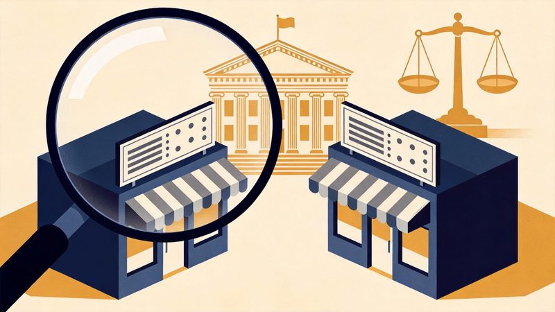 两家几乎相同的小店并排而立，招牌上只有条纹和圆点图案，一只大放大镜观察其中一家，背景是天平和法院建筑
