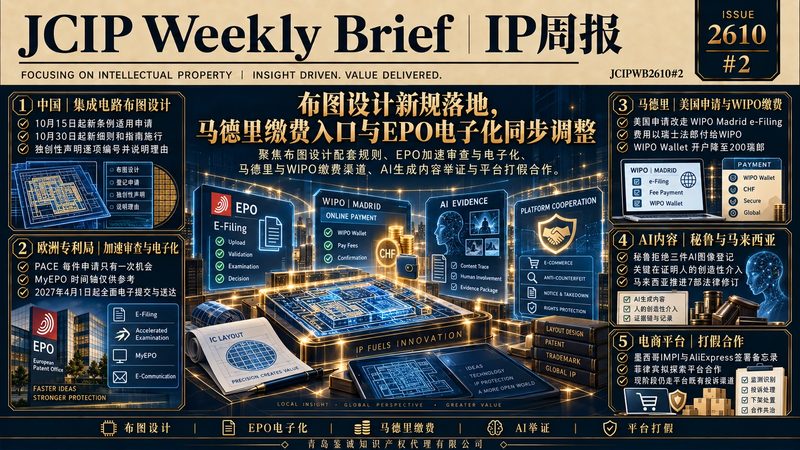 JCIPWB2610#2 IP周报封面：布图设计新规落地，马德里缴费入口与EPO电子化同步调整；五项重点一览