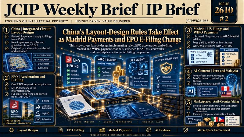 JCIPWB2610#2 weekly brief cover: China's layout-design rules take effect as Madrid payments and EPO e-filing change; the five focus items at a glance