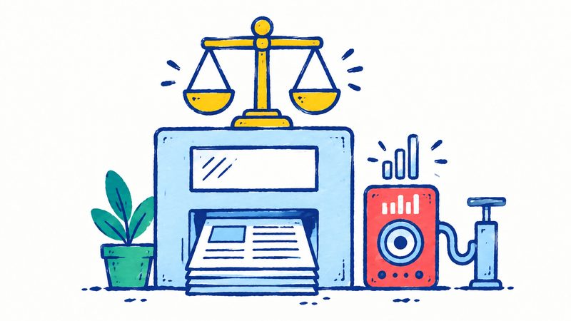 手绘插画:一摞报纸被送进一台屏幕空白的机器,机器顶上放着黄色天平,旁边一只红色音箱的音量条正被打气筒越打越高