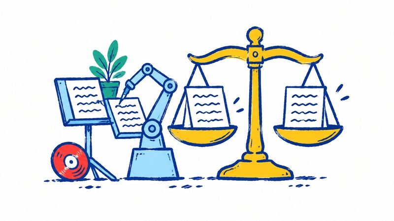手绘插画:乐谱架上放着一张只有波浪线的纸,小机械臂把它抄到另一张纸上,旁边一架天平的两个托盘各放一张纸