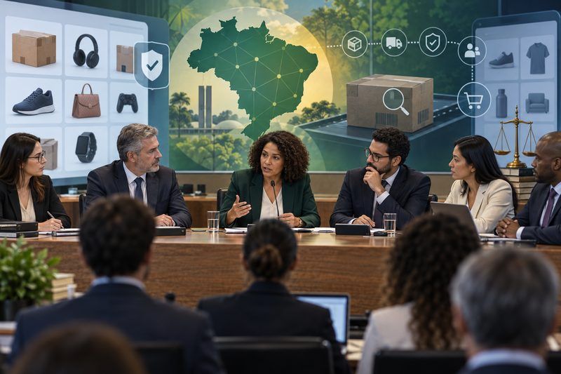 Roundtable discussion against a backdrop of Brazil and online shopping products