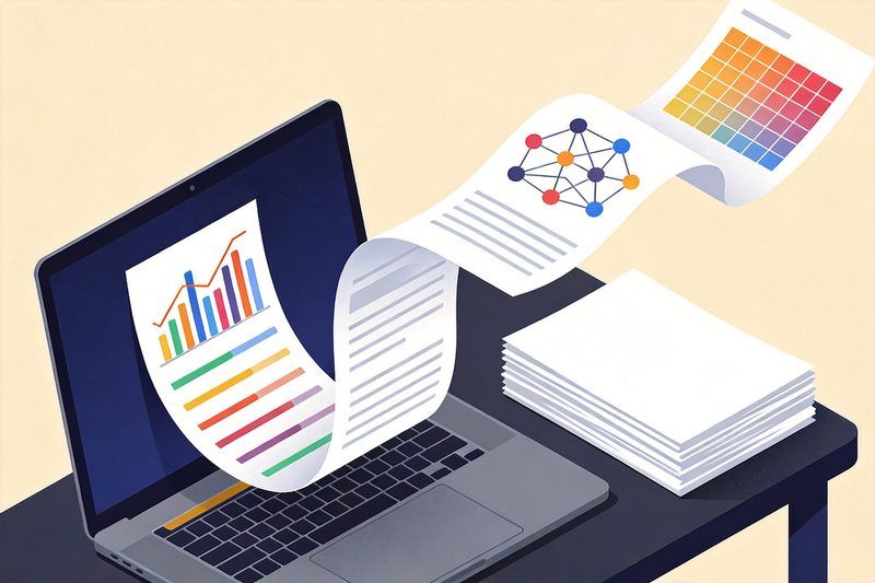 An open laptop whose screen turns stacks of patent documents into colourful line charts, network diagrams and heatmaps, symbolising PATSTAT patent data analysed with notebooks on the EPO's TIP platform