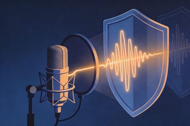 一支录音室麦克风发出一道发光的声波,声波穿过一面盾牌,盾牌后方是一道逐渐淡去的复制声波,喻指以声音商标应对人工智能声音克隆