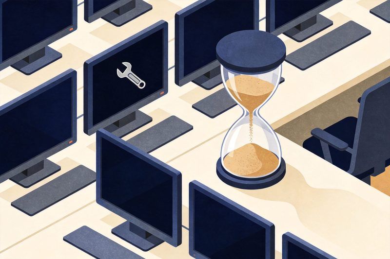 A row of office terminals with darkened screens, one showing only a wrench symbol, and an hourglass running on the desk, symbolising the INPI system outage and deadlines falling due that day