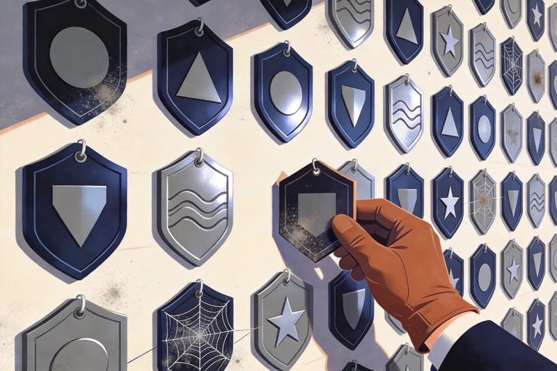 A wall of trademark plaques where dusty, unused plaques are being taken down one by one by a gloved hand, symbolising the clean-up of unused marks under China's new Trademark Law