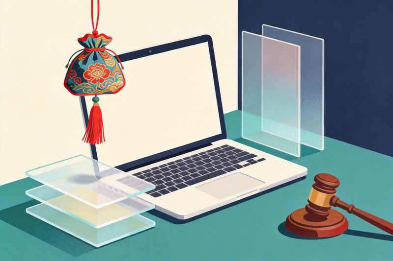 A colourful Chinese sachet with a tassel floating above a laptop screen, three stacked translucent panels beside it representing three layers of review, and a small wooden gavel on the desk, symbolising a court's layered examination of originality in an AI-generated image
