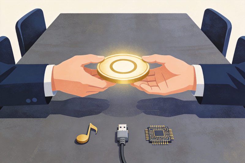 Two hands exchanging a glowing copyright disc across a conference table on which three small objects sit in a row, a musical note, a network plug and a circuit chip, symbolising the three topics of the Thailand-China copyright talks