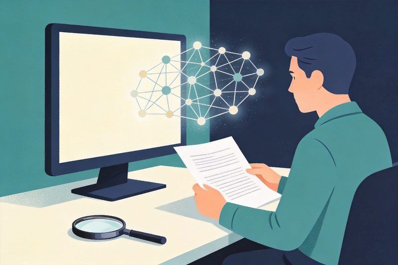 An examiner's desk: a person seated at a computer reviewing a document, an abstract neural-network pattern of connected nodes floating beside the screen, a document and a magnifying glass on the desk, symbolising examiner-led, AI-assisted patent and trademark examination